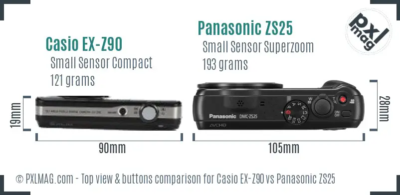 Casio EX-Z90 vs Panasonic ZS25 top view buttons comparison