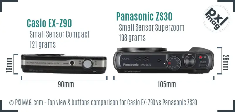 Casio EX-Z90 vs Panasonic ZS30 top view buttons comparison