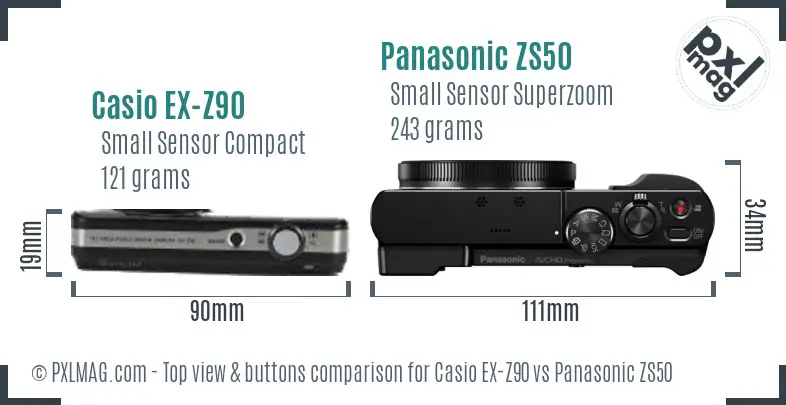 Casio EX-Z90 vs Panasonic ZS50 top view buttons comparison