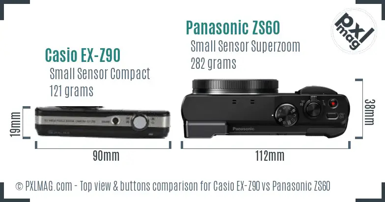 Casio EX-Z90 vs Panasonic ZS60 top view buttons comparison