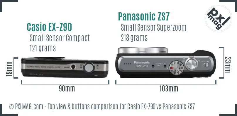 Casio EX-Z90 vs Panasonic ZS7 top view buttons comparison