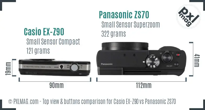 Casio EX-Z90 vs Panasonic ZS70 top view buttons comparison