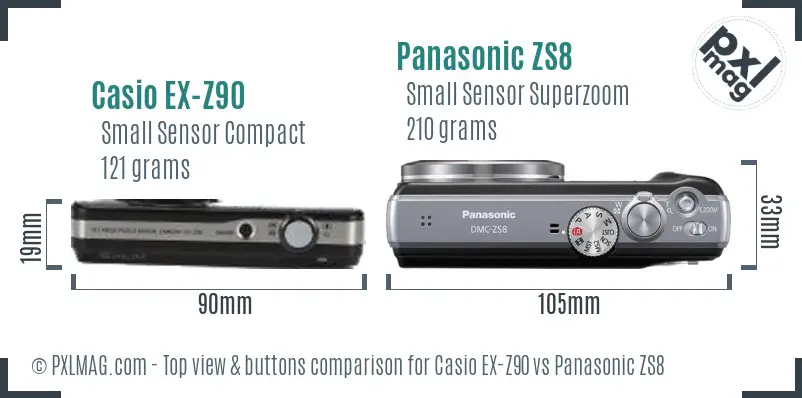 Casio EX-Z90 vs Panasonic ZS8 top view buttons comparison Casio EX-Z90 vs Panasonic ZS8 top view buttons comparison