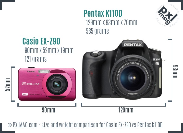 Casio EX-Z90 vs Pentax K110D size comparison