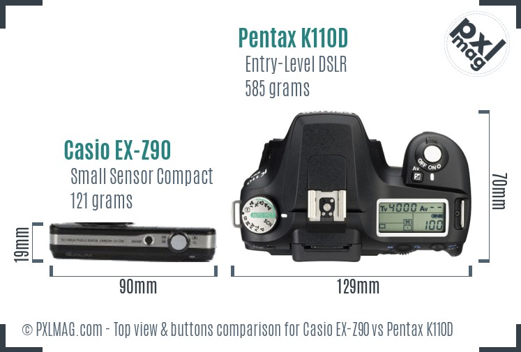 Casio EX-Z90 vs Pentax K110D top view buttons comparison