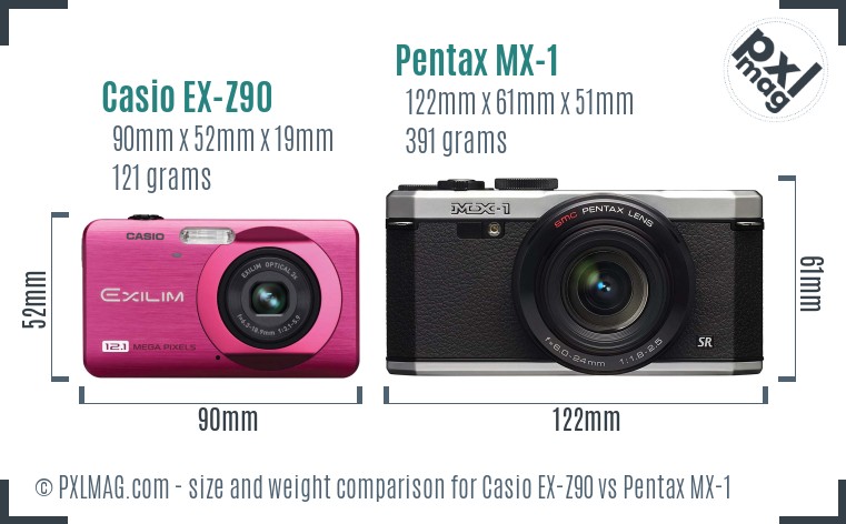 Casio EX-Z90 vs Pentax MX-1 size comparison
