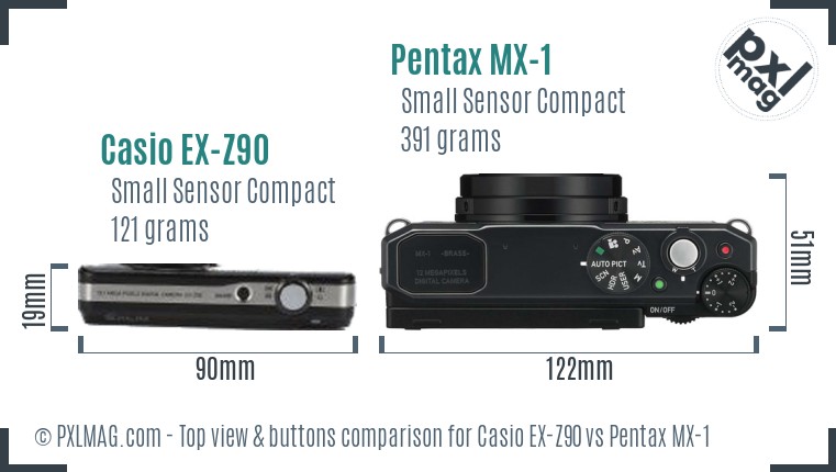 Casio EX-Z90 vs Pentax MX-1 top view buttons comparison