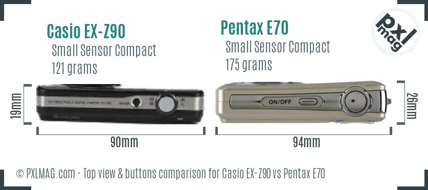 Casio EX-Z90 vs Pentax E70 top view buttons comparison Casio EX-Z90 vs Pentax E70 top view buttons comparison