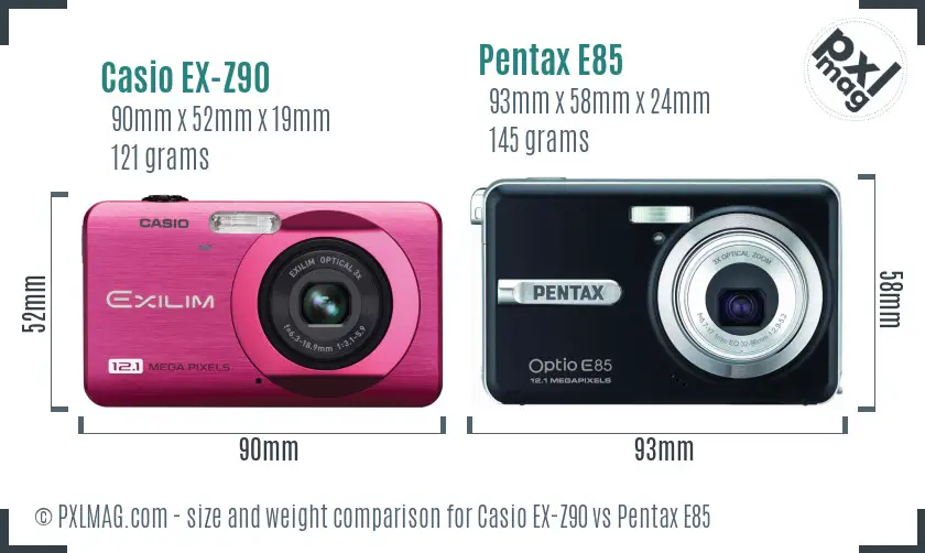 Casio EX-Z90 vs Pentax E85 size comparison