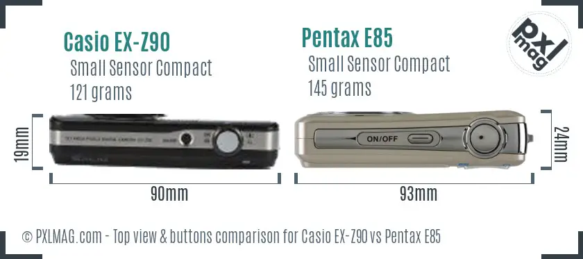 Casio EX-Z90 vs Pentax E85 top view buttons comparison