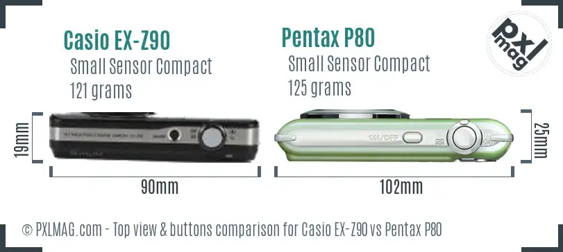 Casio EX-Z90 vs Pentax P80 top view buttons comparison Casio EX-Z90 vs Pentax P80 top view buttons comparison