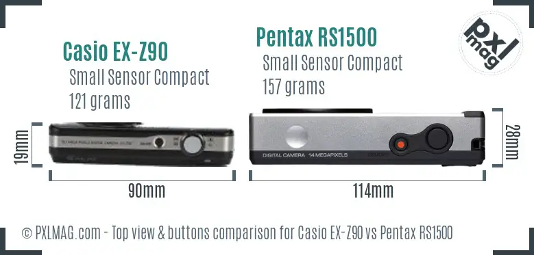 Casio EX-Z90 vs Pentax RS1500 top view buttons comparison Casio EX-Z90 vs Pentax RS1500 top view buttons comparison
