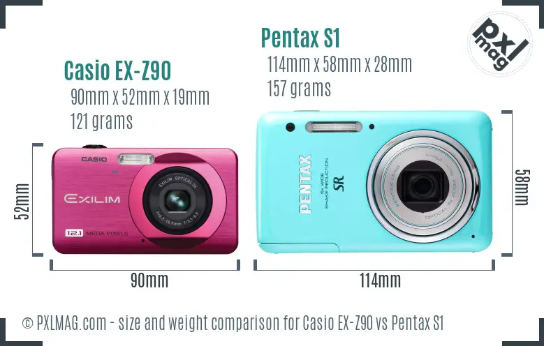 Casio EX-Z90 vs Pentax S1 size comparison