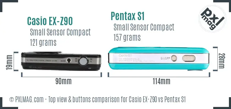 Casio EX-Z90 vs Pentax S1 top view buttons comparison