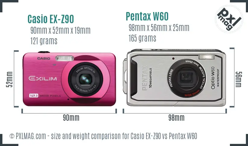 Casio EX-Z90 vs Pentax W60 size comparison