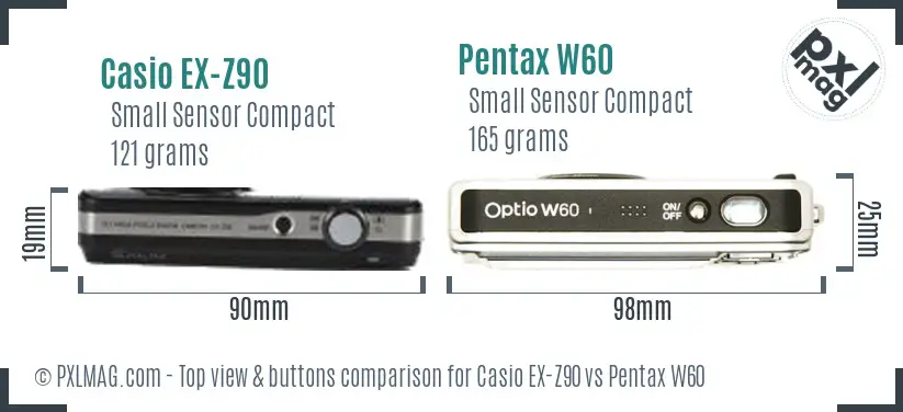 Casio EX-Z90 vs Pentax W60 top view buttons comparison
