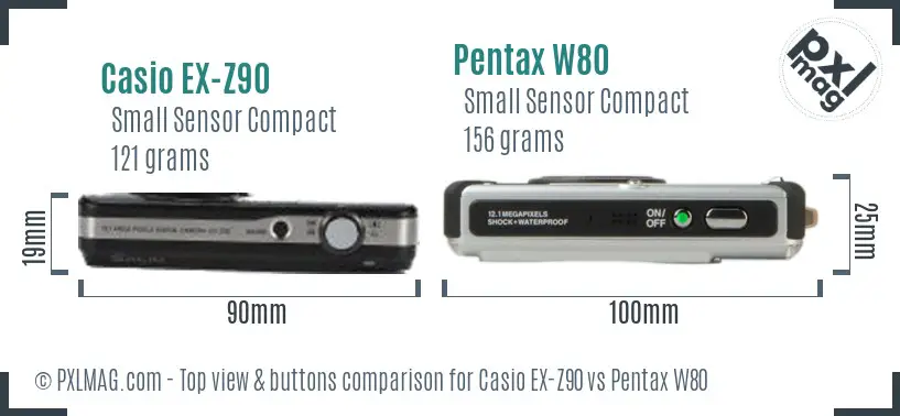 Casio EX-Z90 vs Pentax W80 top view buttons comparison Casio EX-Z90 vs Pentax W80 top view buttons comparison