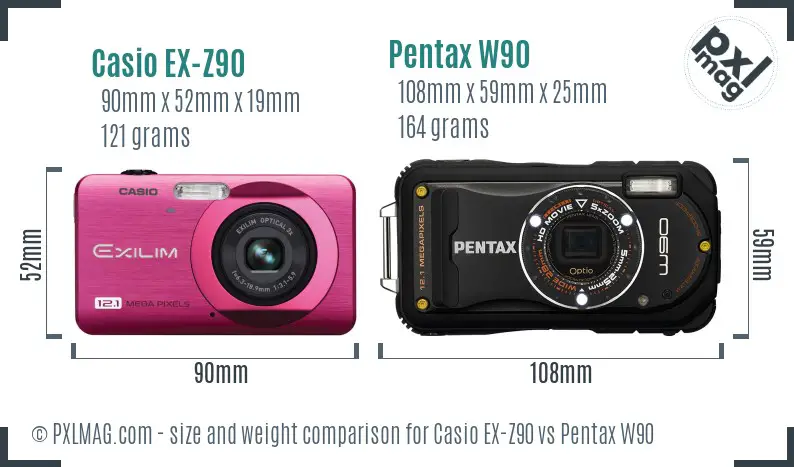 Casio EX-Z90 vs Pentax W90 size comparison