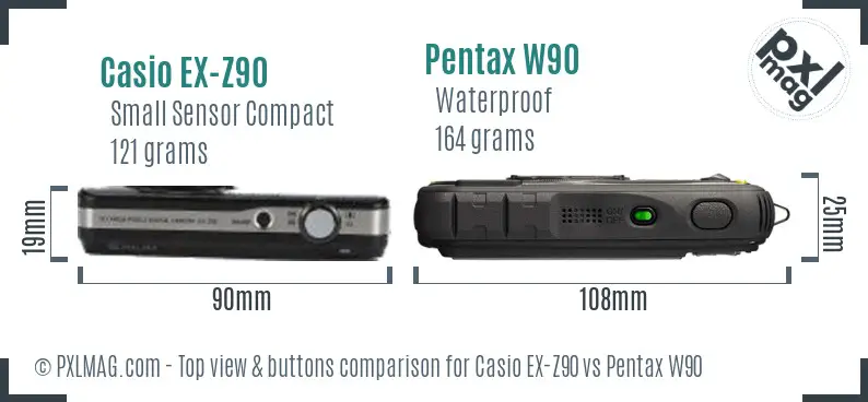 Casio EX-Z90 vs Pentax W90 top view buttons comparison
