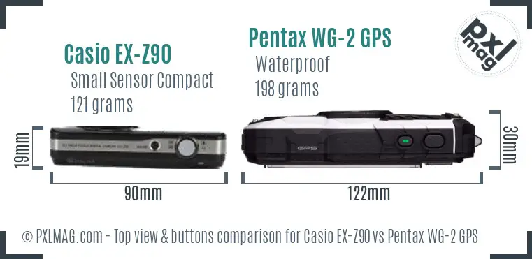 Casio EX-Z90 vs Pentax WG-2 GPS top view buttons comparison