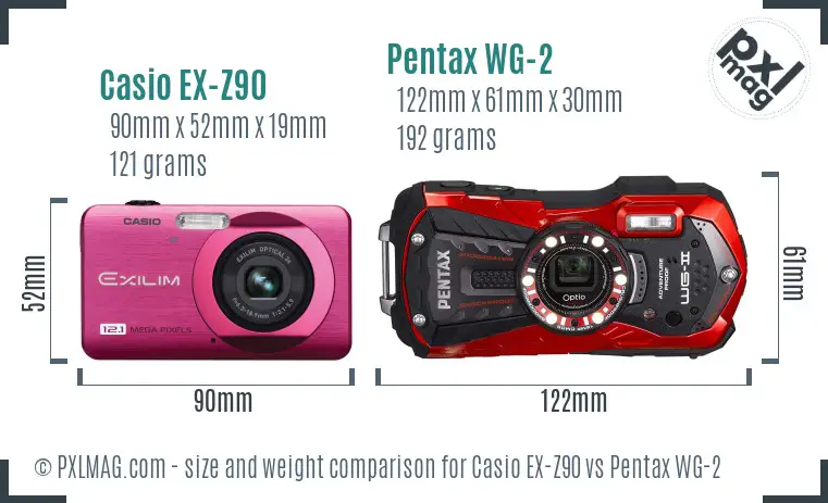 Casio EX-Z90 vs Pentax WG-2 size comparison