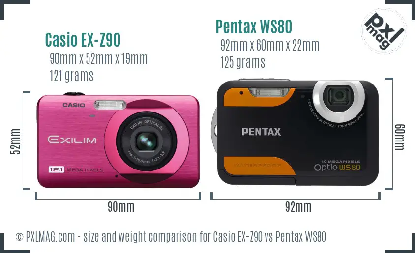 Casio EX-Z90 vs Pentax WS80 size comparison