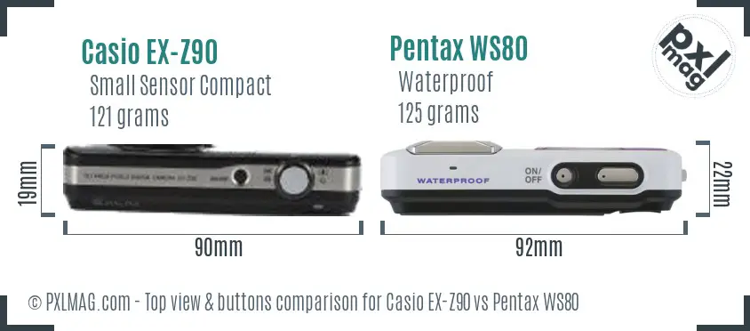 Casio EX-Z90 vs Pentax WS80 top view buttons comparison