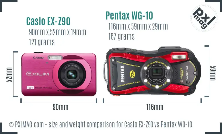 Casio EX-Z90 vs Pentax WG-10 size comparison