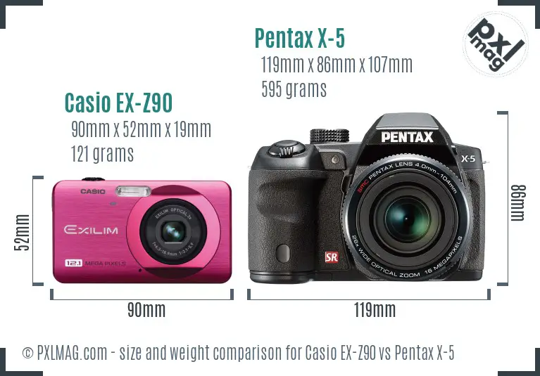 Casio EX-Z90 vs Pentax X-5 size comparison