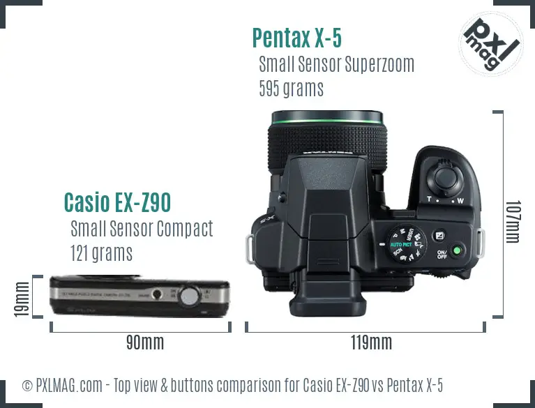 Casio EX-Z90 vs Pentax X-5 top view buttons comparison