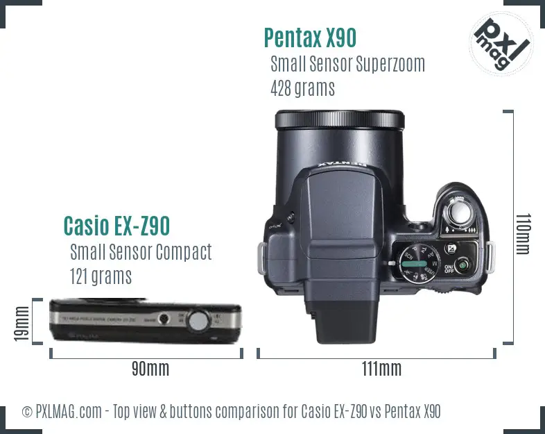 Casio EX-Z90 vs Pentax X90 top view buttons comparison