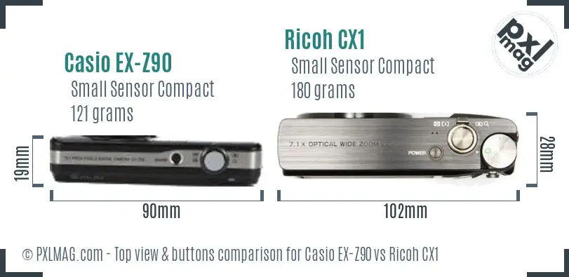 Casio EX-Z90 vs Ricoh CX1 top view buttons comparison