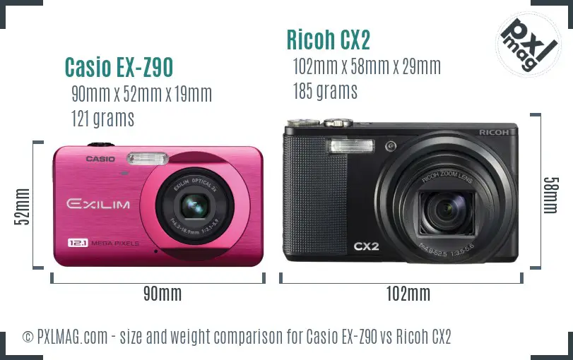 Casio EX-Z90 vs Ricoh CX2 size comparison Casio EX-Z90 vs Ricoh CX2 size comparison