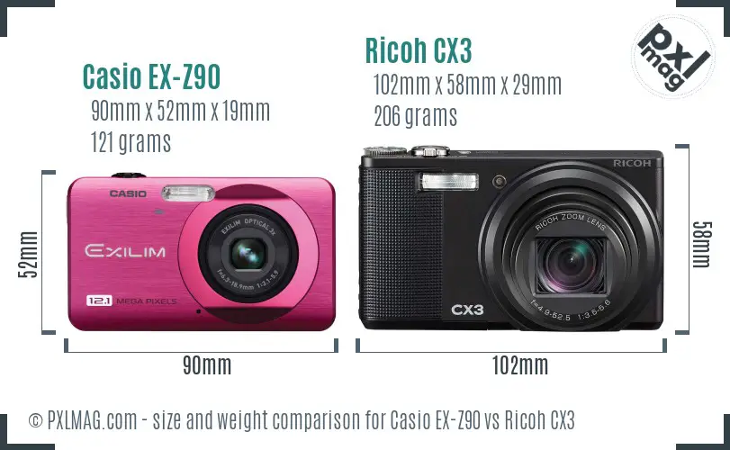 Casio EX-Z90 vs Ricoh CX3 size comparison Casio EX-Z90 vs Ricoh CX3 size comparison