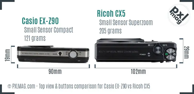 Casio EX-Z90 vs Ricoh CX5 top view buttons comparison