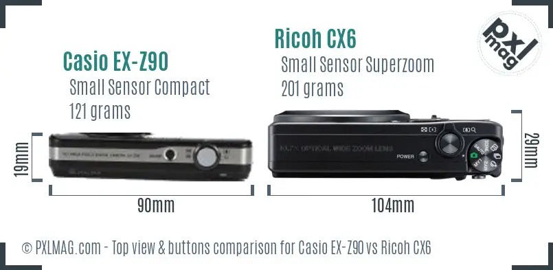 Casio EX-Z90 vs Ricoh CX6 top view buttons comparison Casio EX-Z90 vs Ricoh CX6 top view buttons comparison