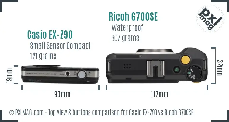 Casio EX-Z90 vs Ricoh G700SE top view buttons comparison