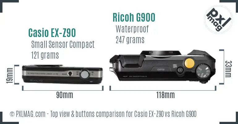 Casio EX-Z90 vs Ricoh G900 top view buttons comparison