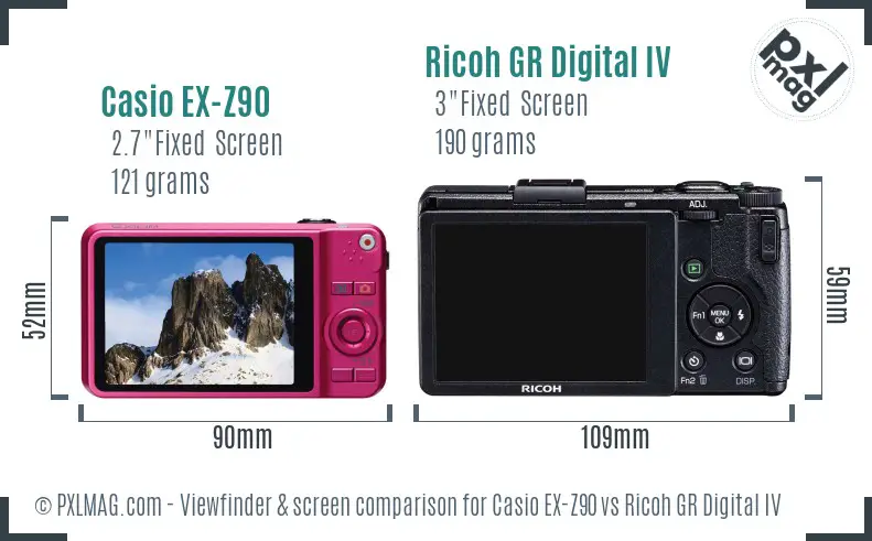 Casio EX-Z90 vs Ricoh GR Digital IV Screen and Viewfinder comparison