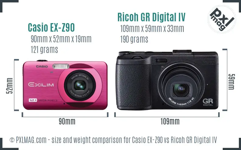 Casio EX-Z90 vs Ricoh GR Digital IV size comparison