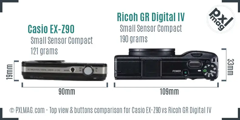 Casio EX-Z90 vs Ricoh GR Digital IV top view buttons comparison