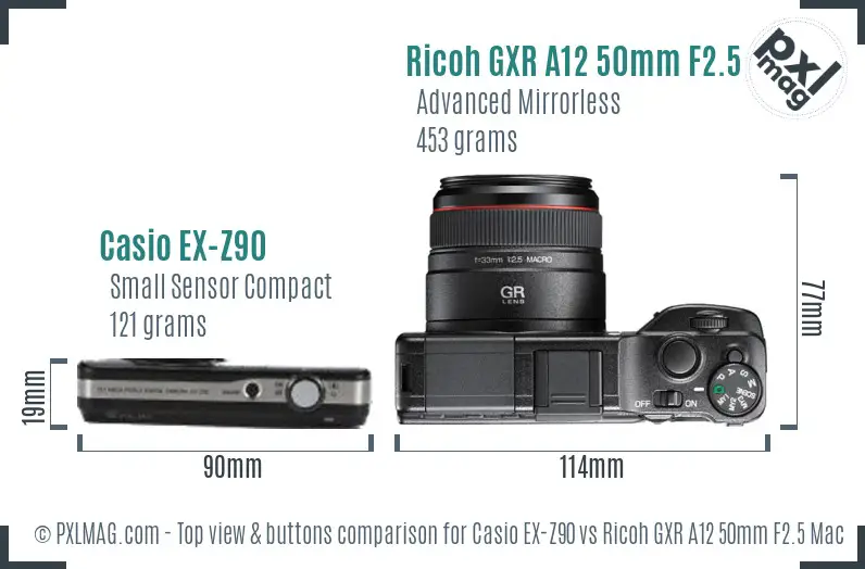 Casio EX-Z90 vs Ricoh GXR A12 50mm F2.5 Macro top view buttons comparison