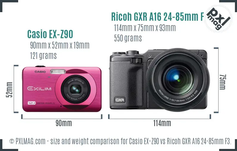 Casio EX-Z90 vs Ricoh GXR A16 24-85mm F3.5-5.5 size comparison Casio EX-Z90 vs Ricoh GXR A16 24-85mm F3.5-5.5 size comparison