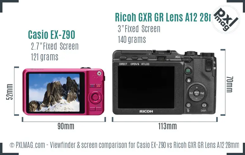 Casio EX-Z90 vs Ricoh GXR GR Lens A12 28mm F2.5 Screen and Viewfinder comparison