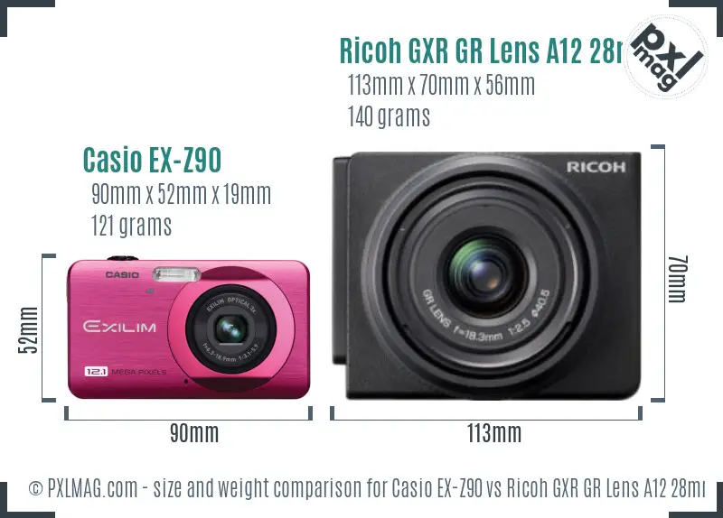 Casio EX-Z90 vs Ricoh GXR GR Lens A12 28mm F2.5 size comparison