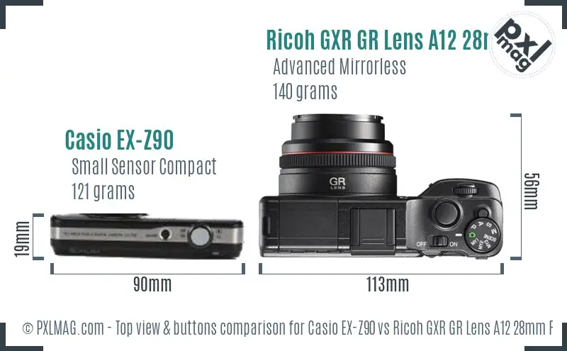 Casio EX-Z90 vs Ricoh GXR GR Lens A12 28mm F2.5 top view buttons comparison