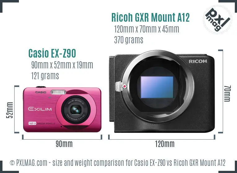 Casio EX-Z90 vs Ricoh GXR Mount A12 size comparison