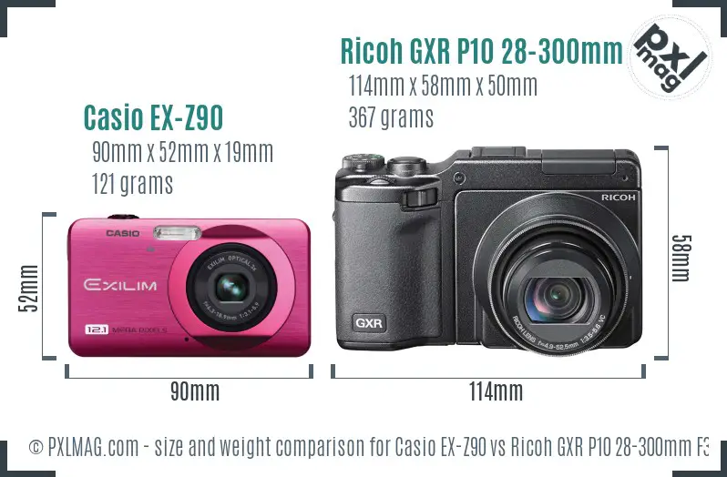 Casio EX-Z90 vs Ricoh GXR P10 28-300mm F3.5-5.6 VC size comparison Casio EX-Z90 vs Ricoh GXR P10 28-300mm F3.5-5.6 VC size comparison