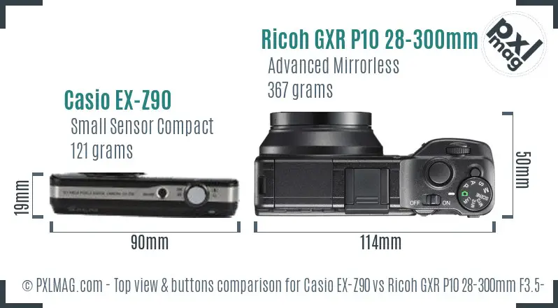 Casio EX-Z90 vs Ricoh GXR P10 28-300mm F3.5-5.6 VC top view buttons comparison Casio EX-Z90 vs Ricoh GXR P10 28-300mm F3.5-5.6 VC top view buttons comparison