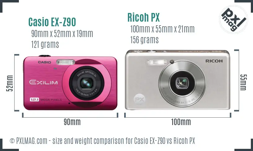 Casio EX-Z90 vs Ricoh PX size comparison